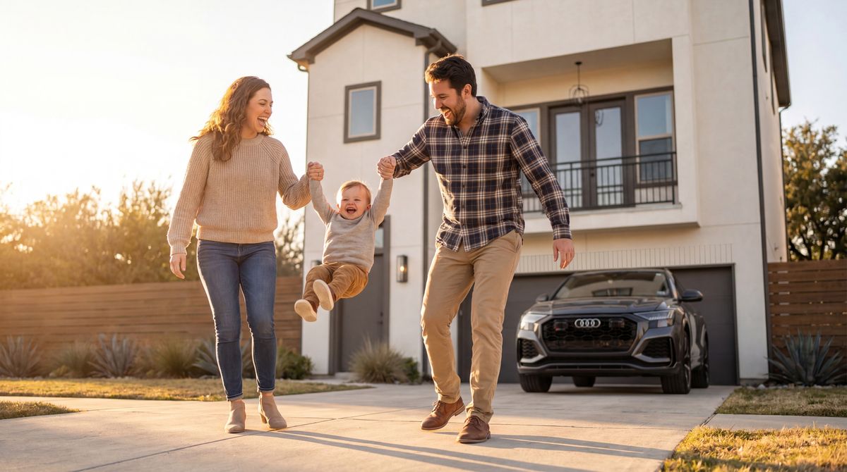 Family playing in front of their home