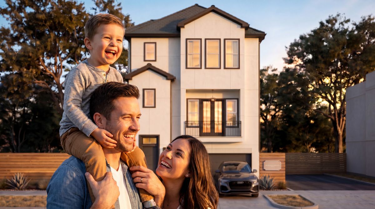 Family in front of their Highland Heights Trails home