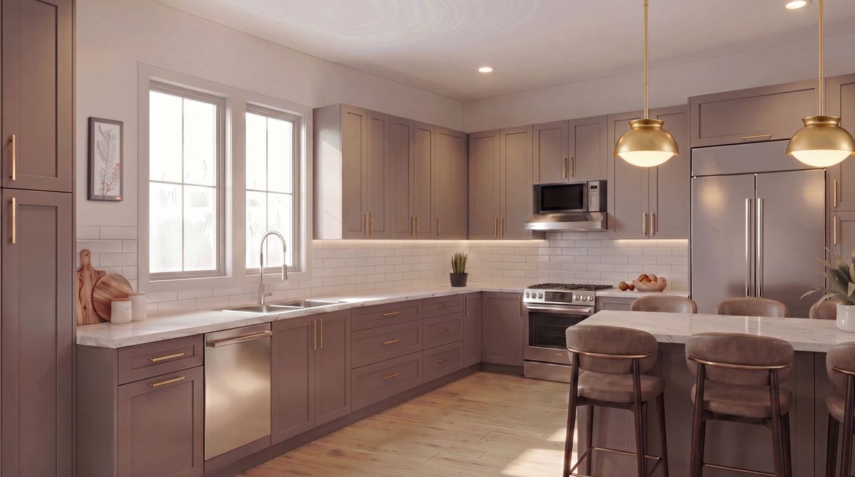 The kitchen — warm taupe, brass, marble