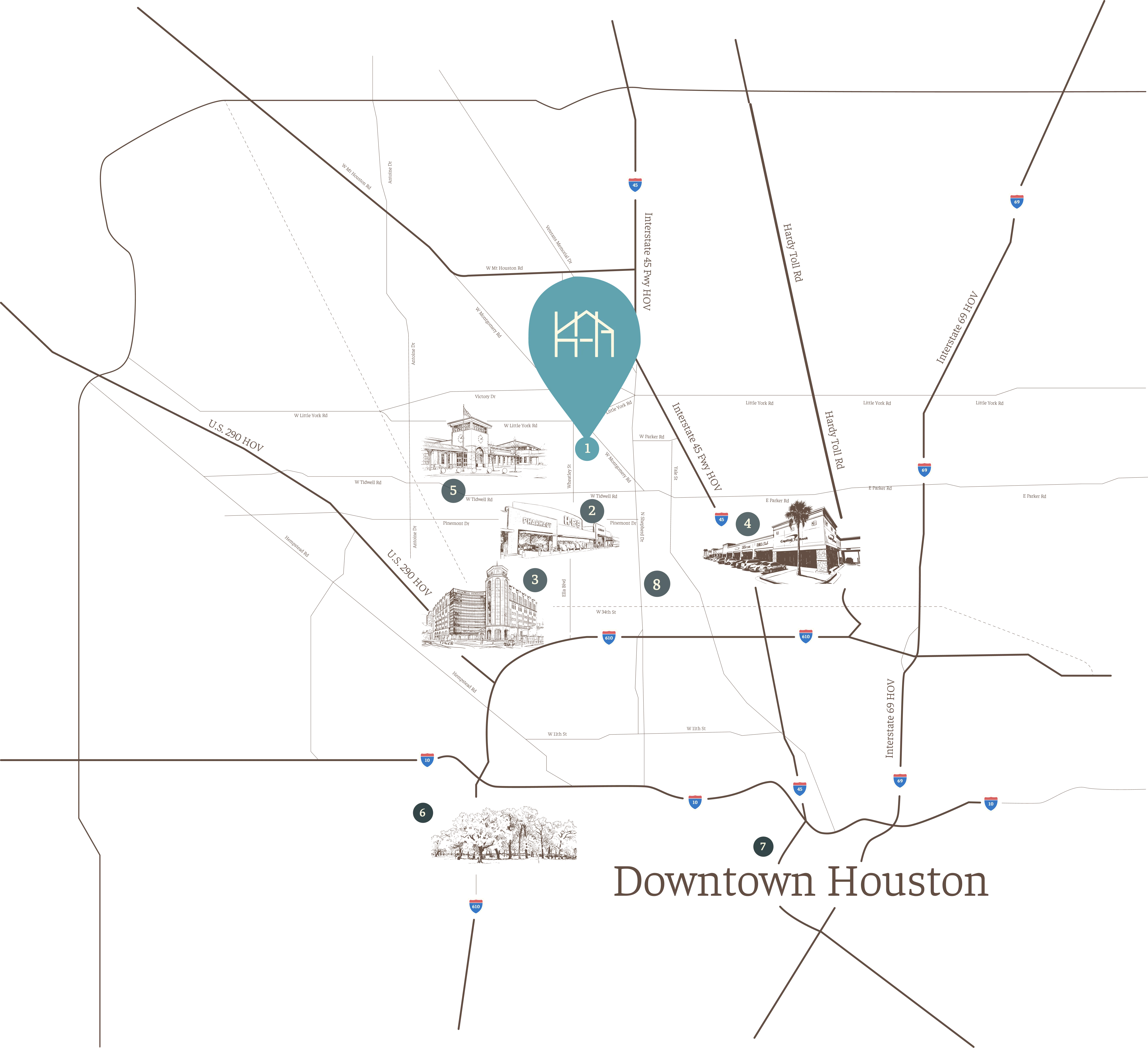 Illustrated location map — Highland Heights Trails, with drive times to schools, retail, hospitals and downtown Houston