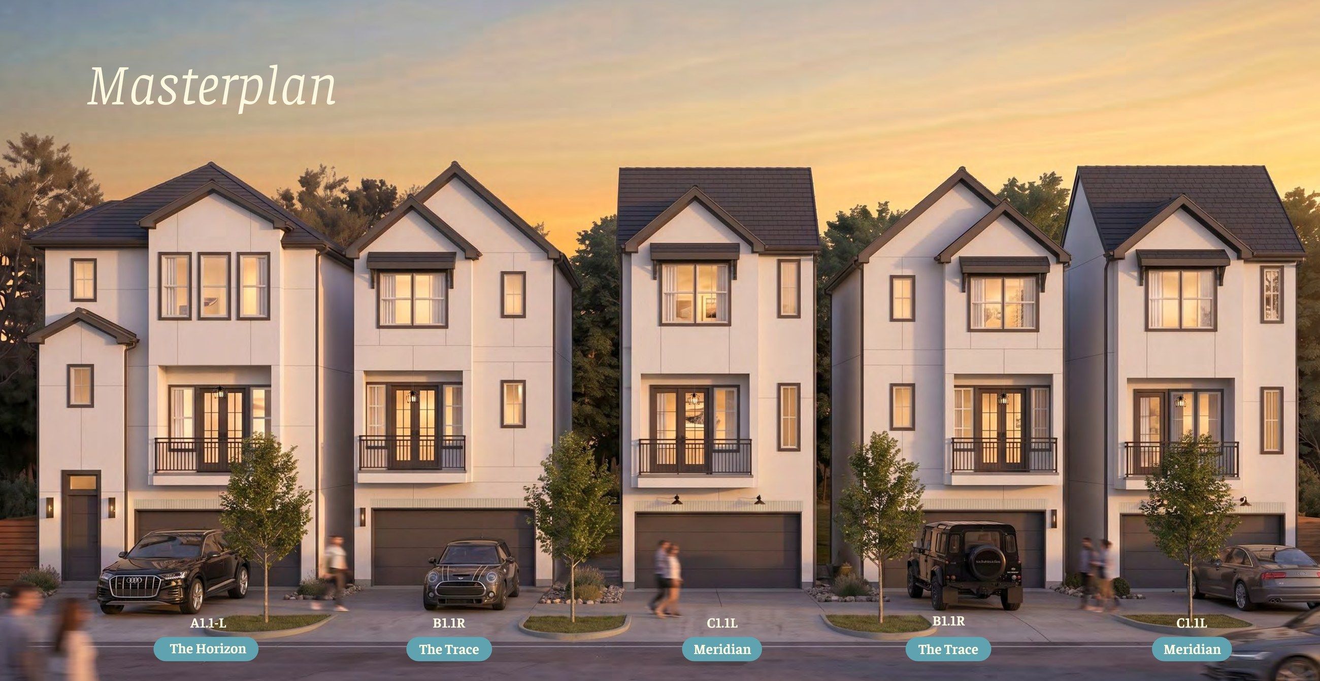 Street elevation with each home labeled by model